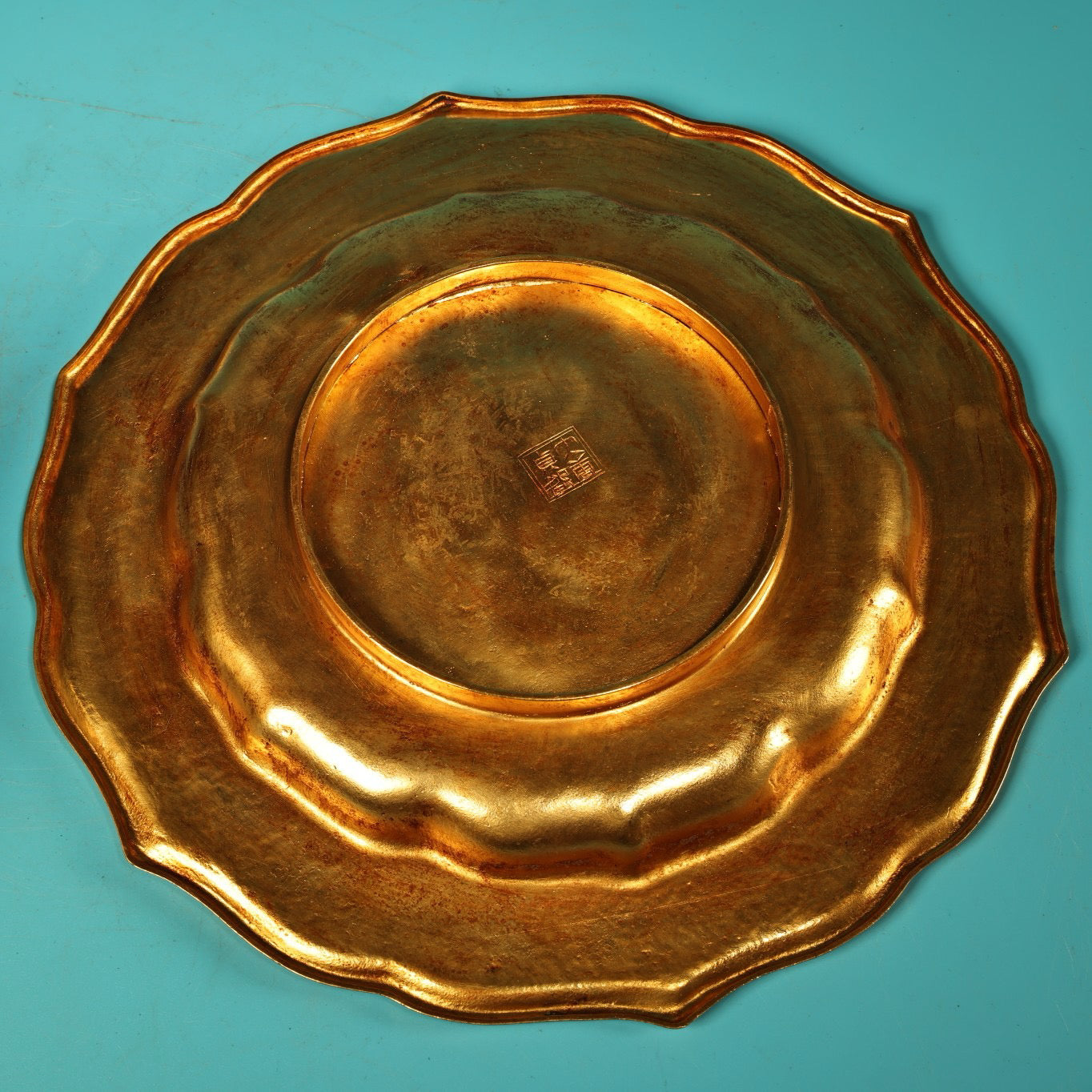 A set of Chinese antique pure copper high relief carved gourd wine pot with plates and wine utensils