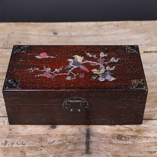 Chinese antique small leaf rosewood inlaid with shells, flowers, and birds jewelry box