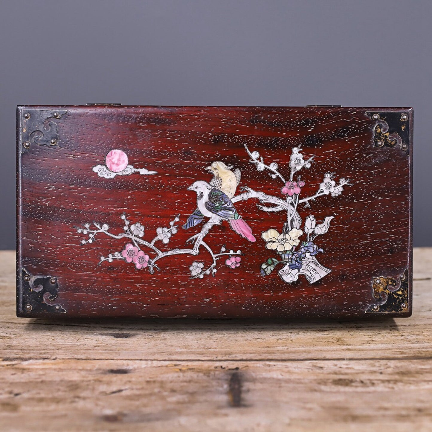 Chinese antique small leaf rosewood inlaid with shells, flowers, and birds jewelry box