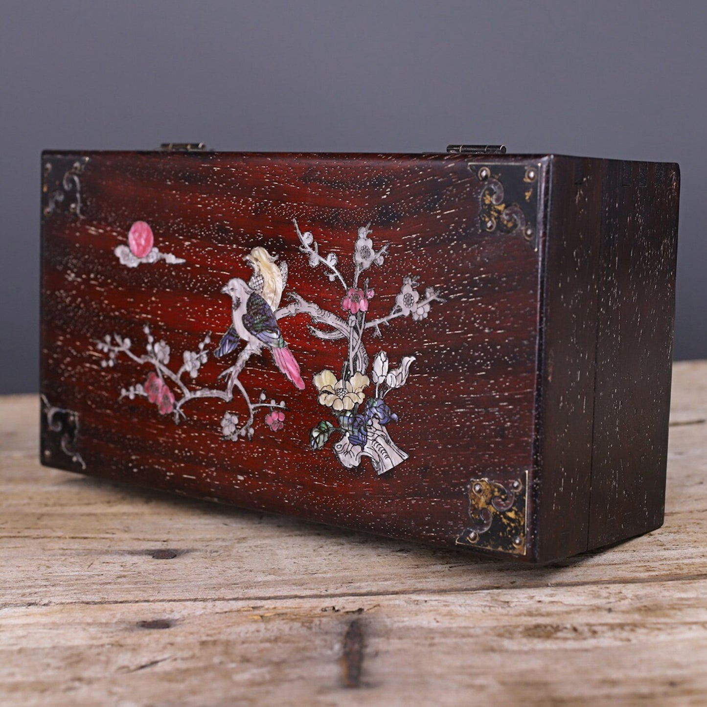 Chinese antique small leaf rosewood inlaid with shells, flowers, and birds jewelry box