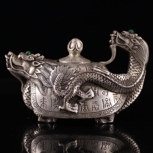 Chinese antique pure copper gilded silver dragon turtle teapot