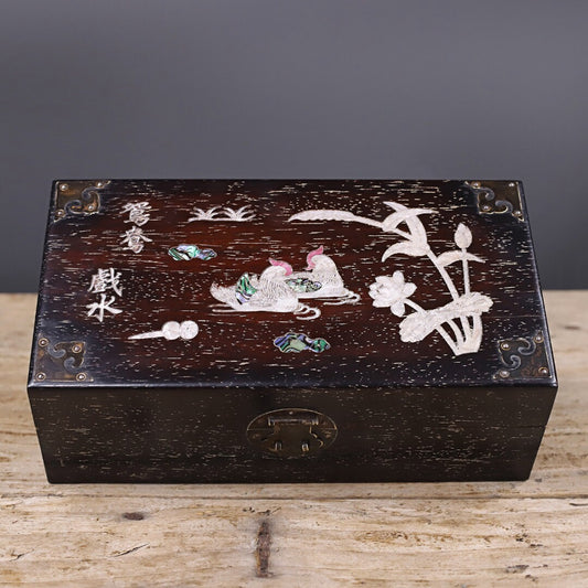 Chinese antique small leaf rosewood inlaid with shells, mandarin ducks playing in water jewelry box