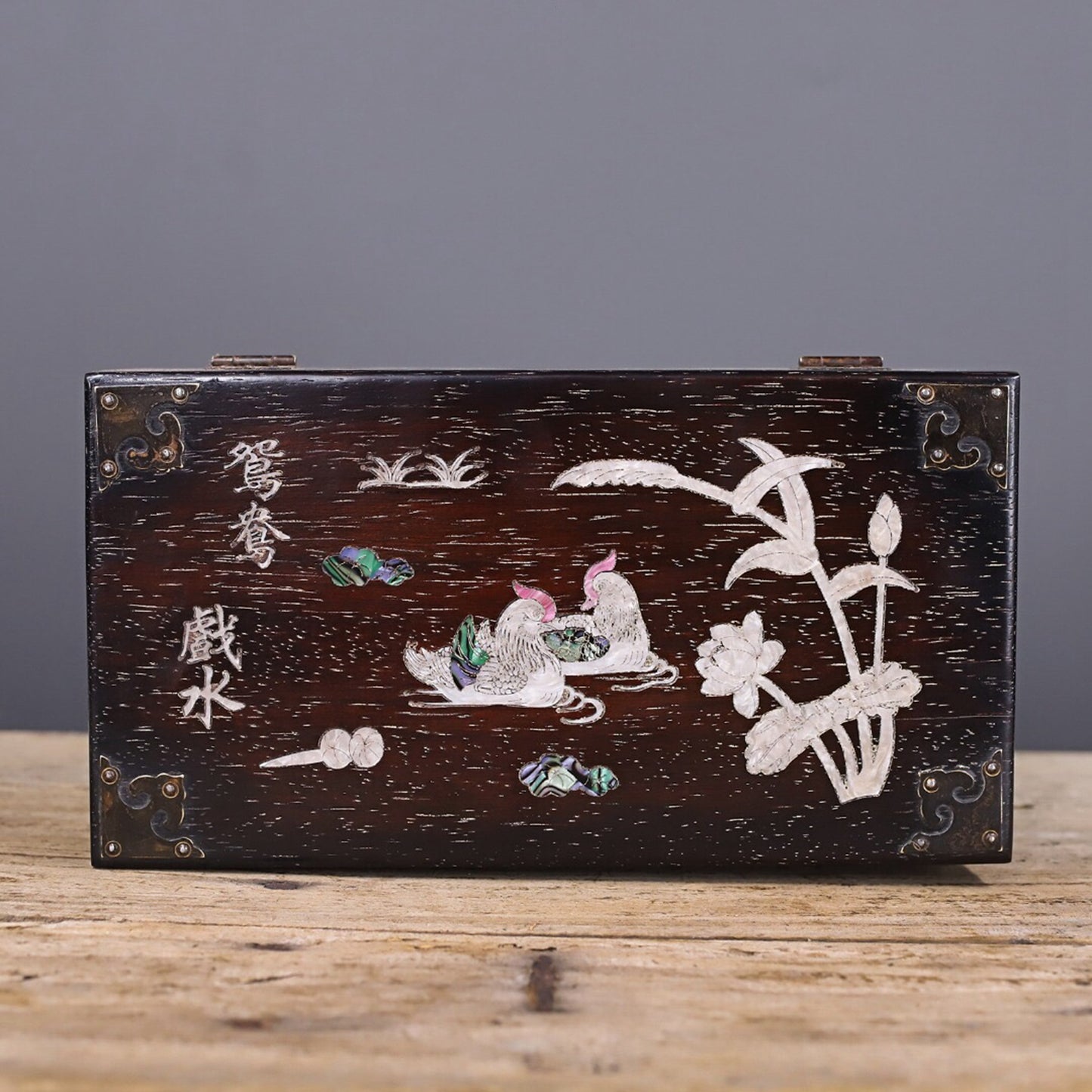 Chinese antique small leaf rosewood inlaid with shells, mandarin ducks playing in water jewelry box