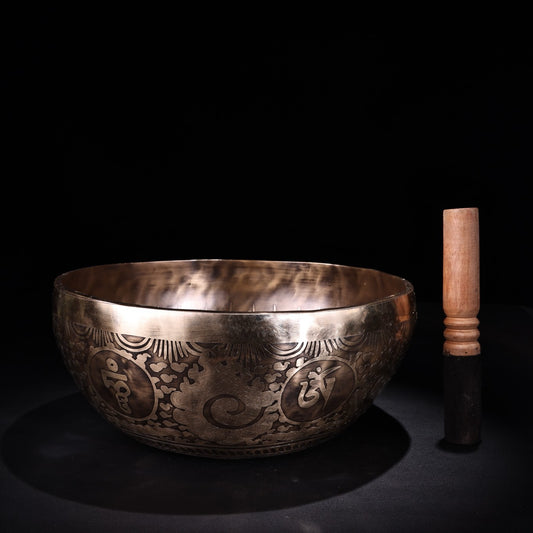 Chinese antique pure copper high relief carved Buddha sound bowl