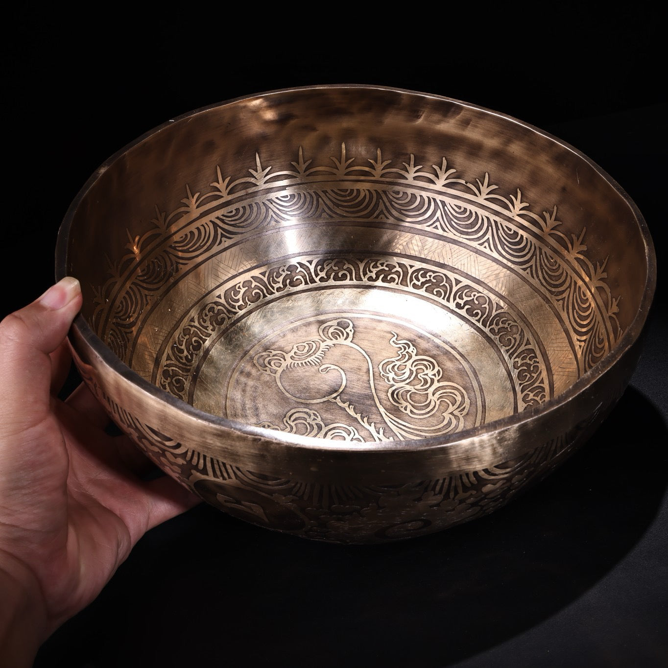 Chinese antique pure copper high relief carved Buddha sound bowl