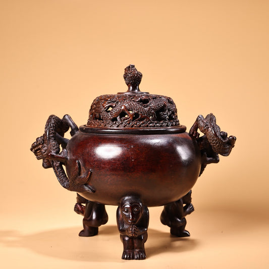 Chinese antique pure copper high relief carved incense burner
