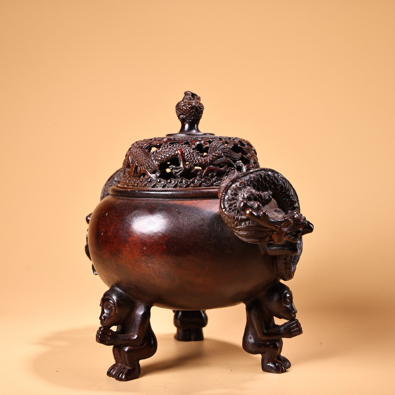 Chinese antique pure copper high relief carved incense burner