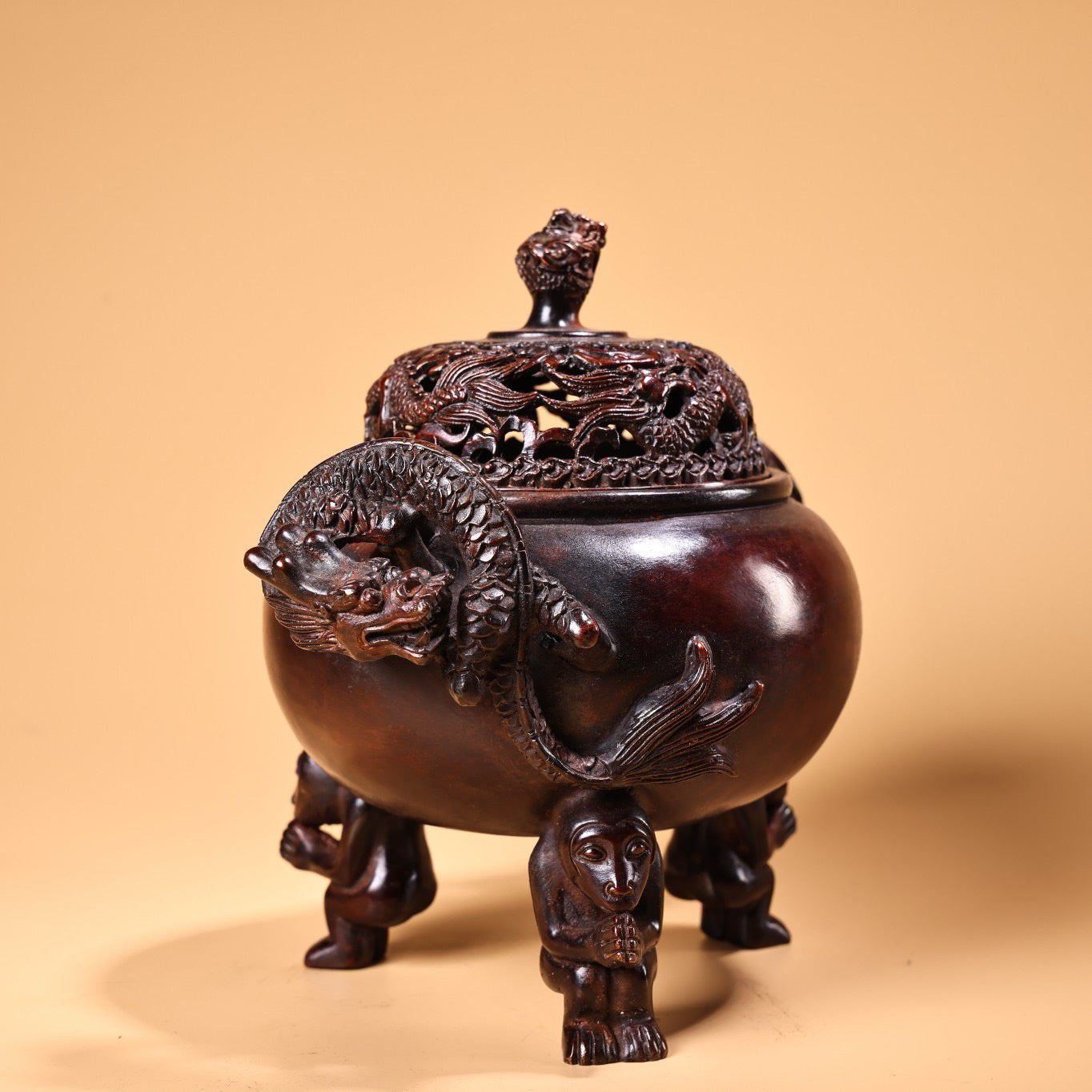 Chinese antique pure copper high relief carved incense burner