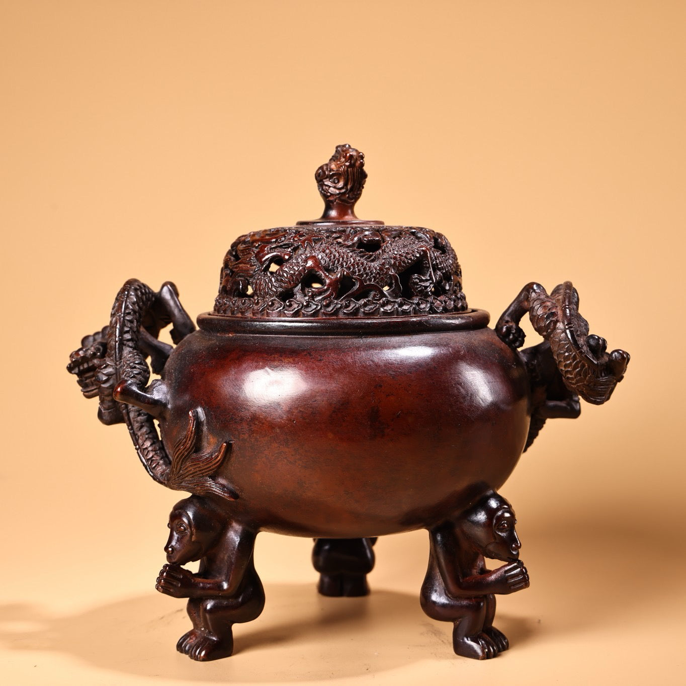 Chinese antique pure copper high relief carved incense burner