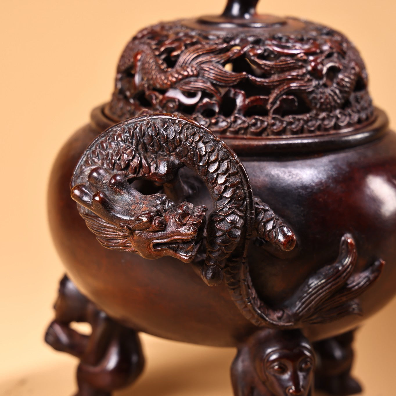 Chinese antique pure copper high relief carved incense burner
