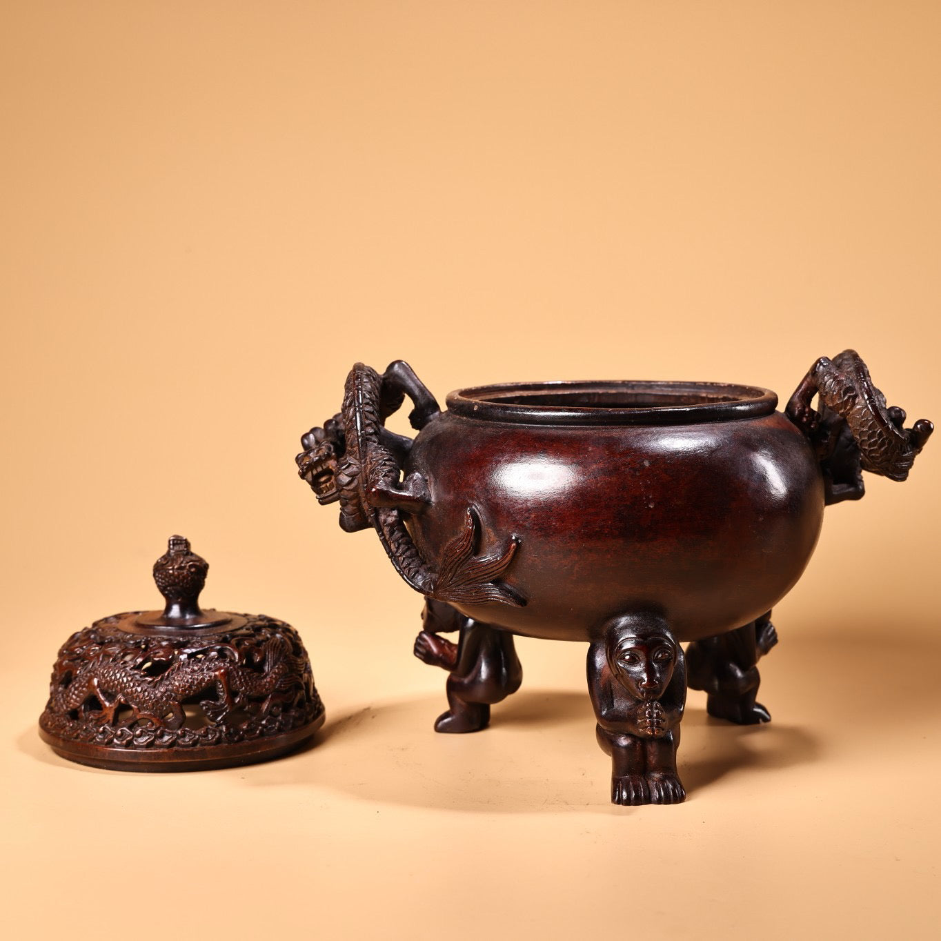 Chinese antique pure copper high relief carved incense burner