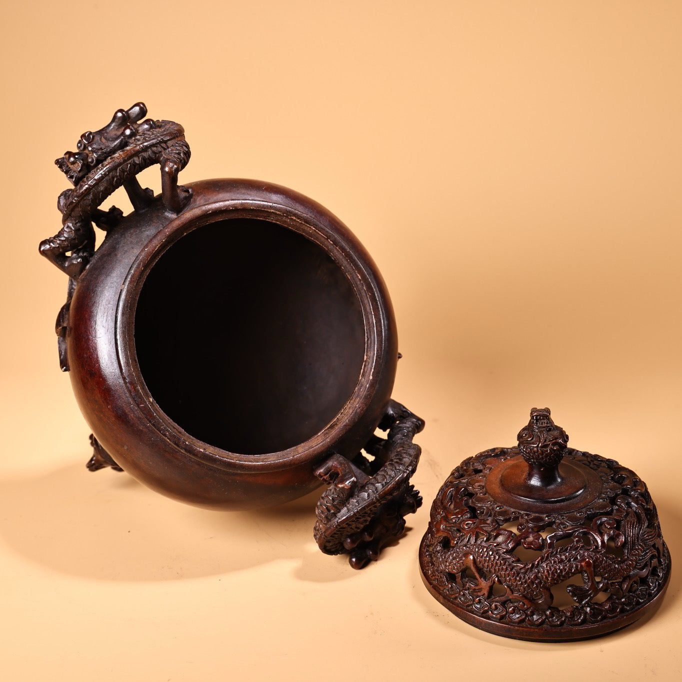 Chinese antique pure copper high relief carved incense burner