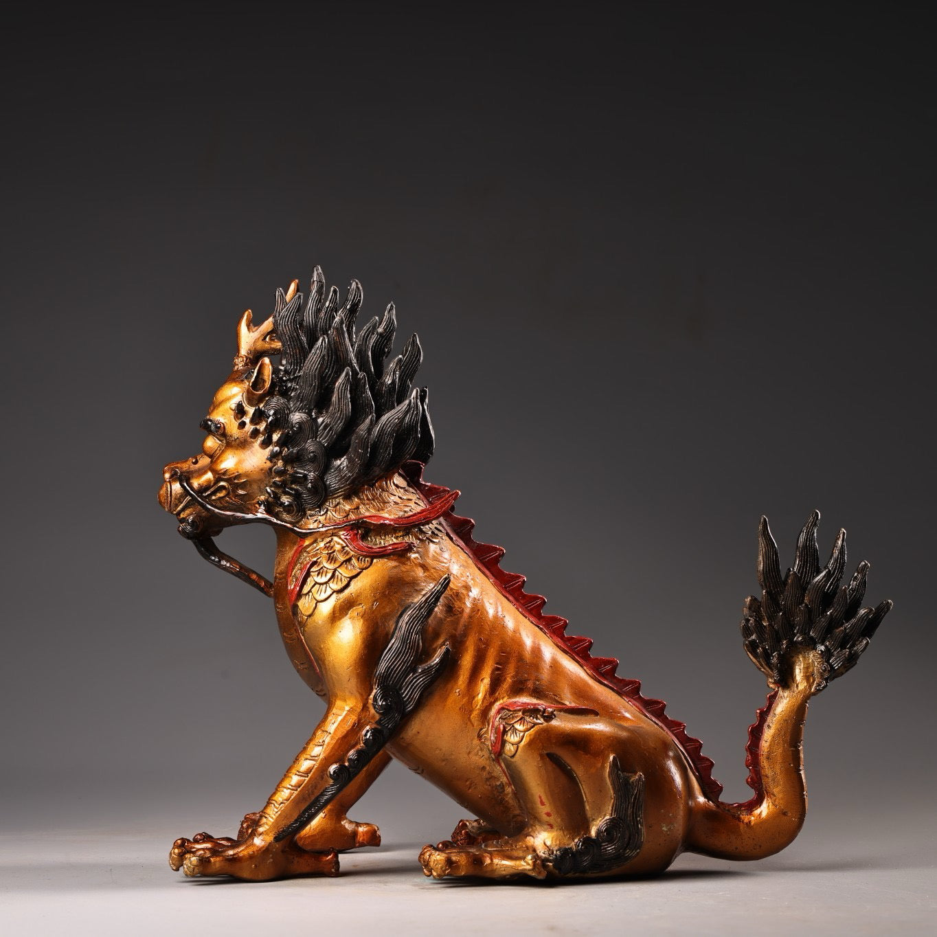 Chinese antique pure copper, all copper, high relief carving, color painting, and golden qilin