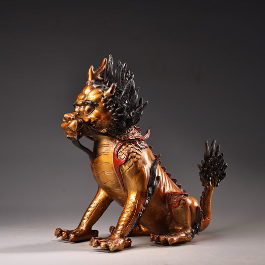 Chinese antique pure copper, all copper, high relief carving, color painting, and golden qilin