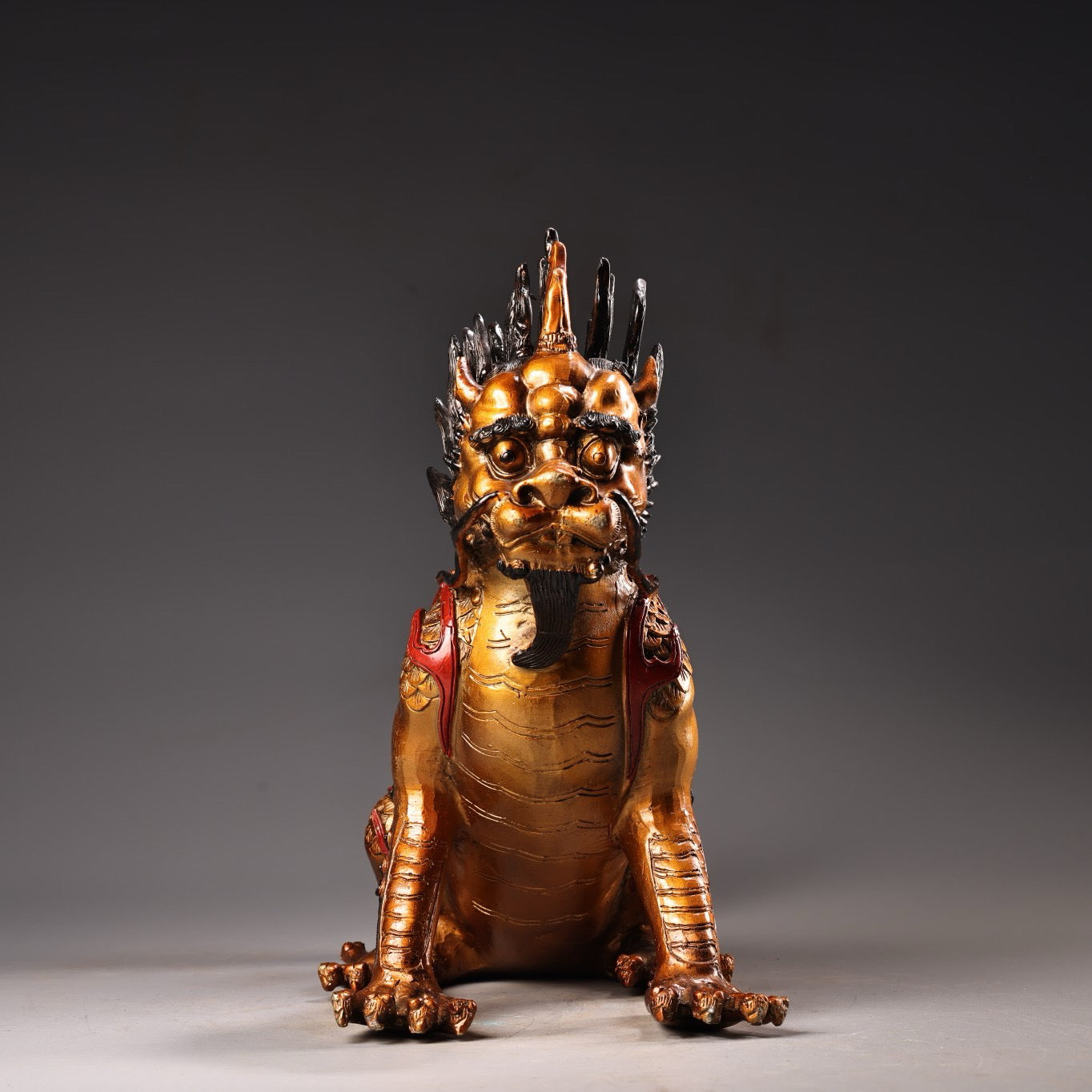 Chinese antique pure copper, all copper, high relief carving, color painting, and golden qilin