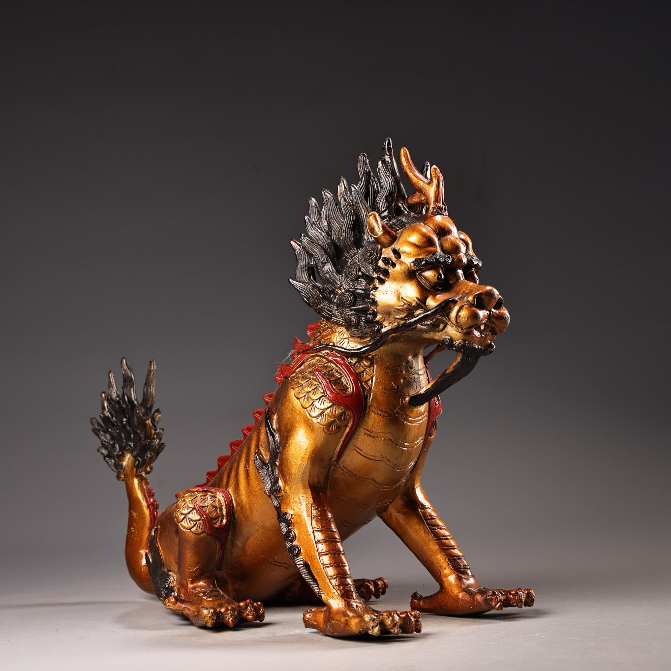 Chinese antique pure copper, all copper, high relief carving, color painting, and golden qilin