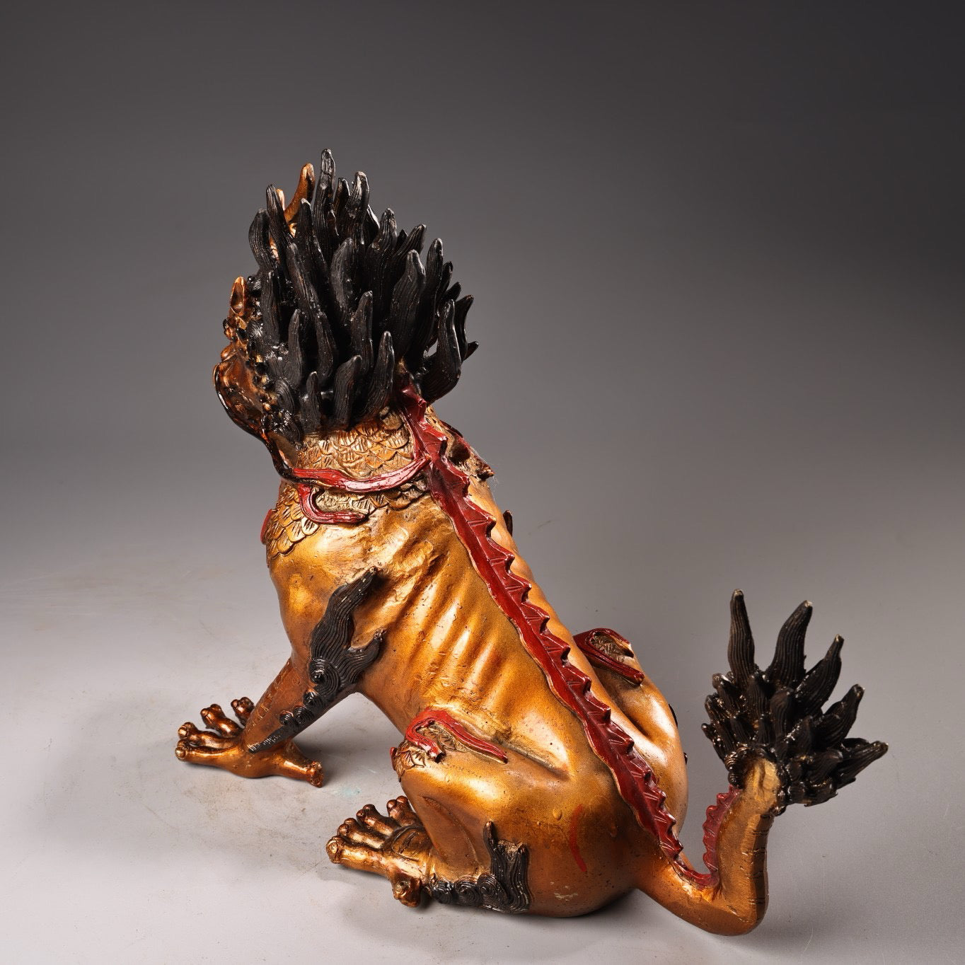 Chinese antique pure copper, all copper, high relief carving, color painting, and golden qilin