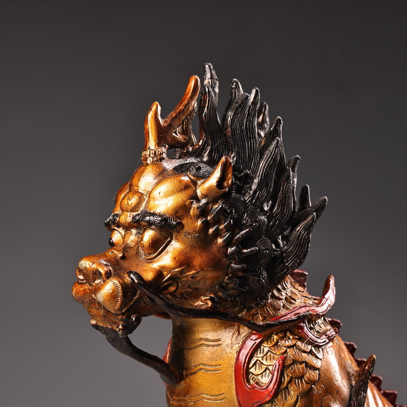 Chinese antique pure copper, all copper, high relief carving, color painting, and golden qilin