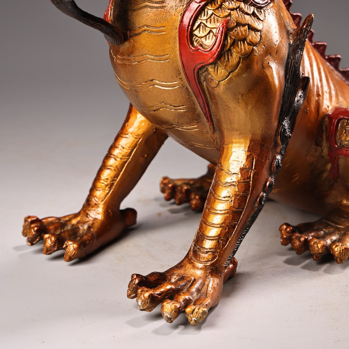 Chinese antique pure copper, all copper, high relief carving, color painting, and golden qilin