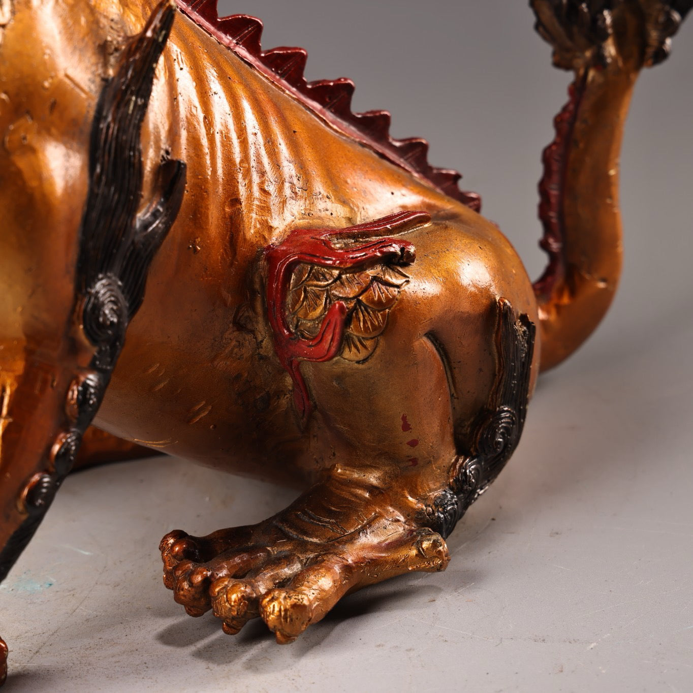 Chinese antique pure copper, all copper, high relief carving, color painting, and golden qilin