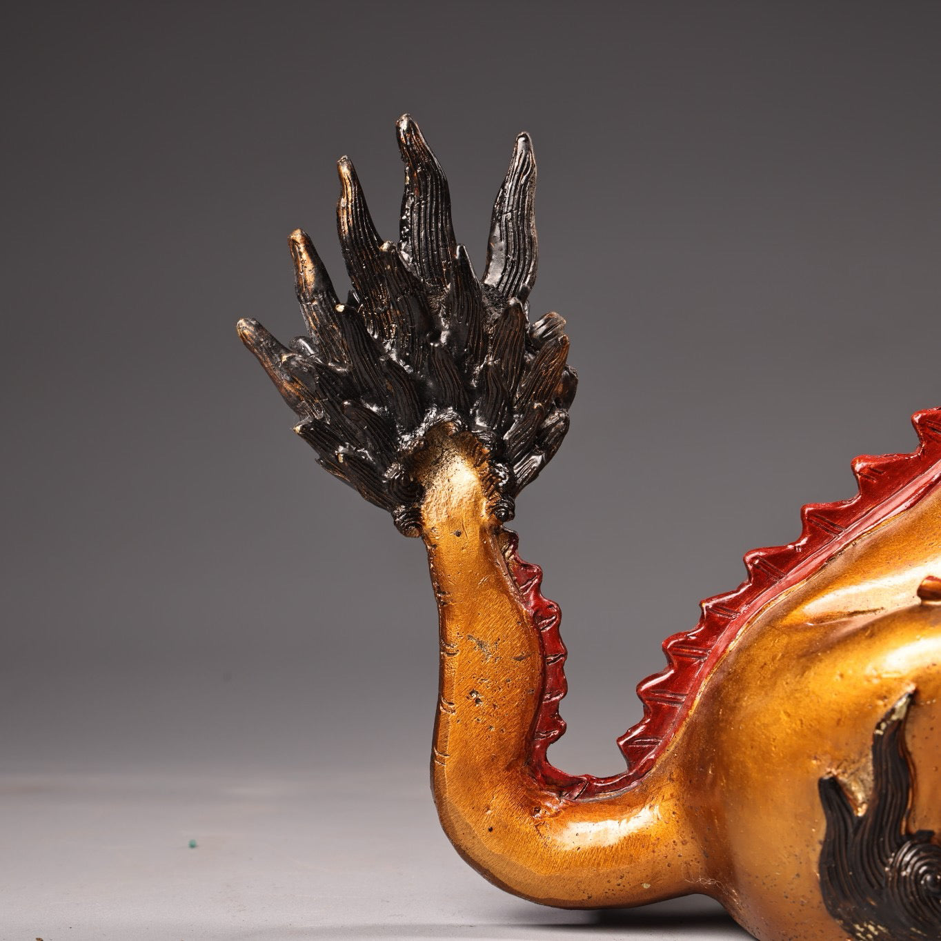 Chinese antique pure copper, all copper, high relief carving, color painting, and golden qilin