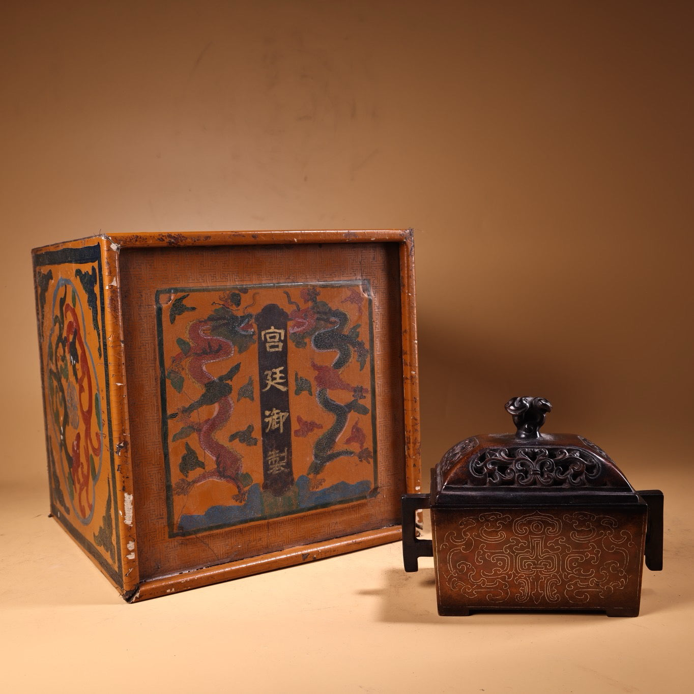 Chinese antique pure copper, all copper, purple copper inlaid with silver wire incense burner