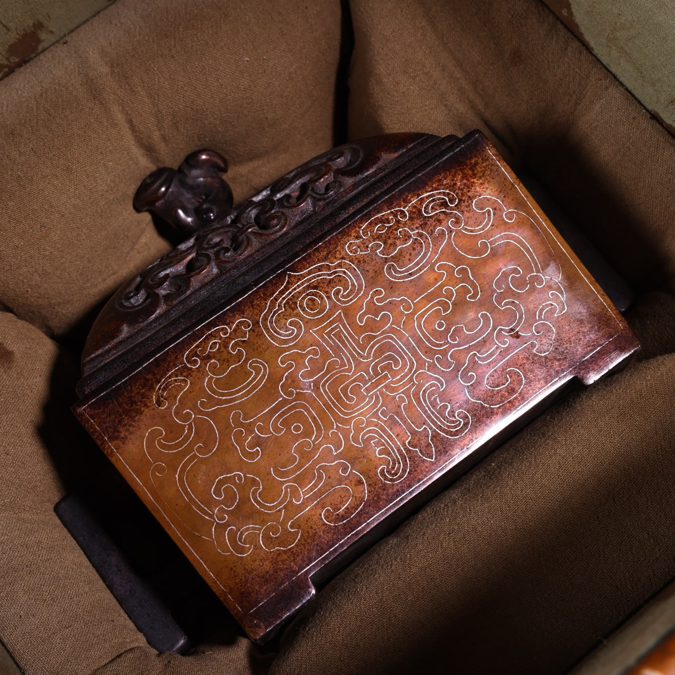 Chinese antique pure copper, all copper, purple copper inlaid with silver wire incense burner