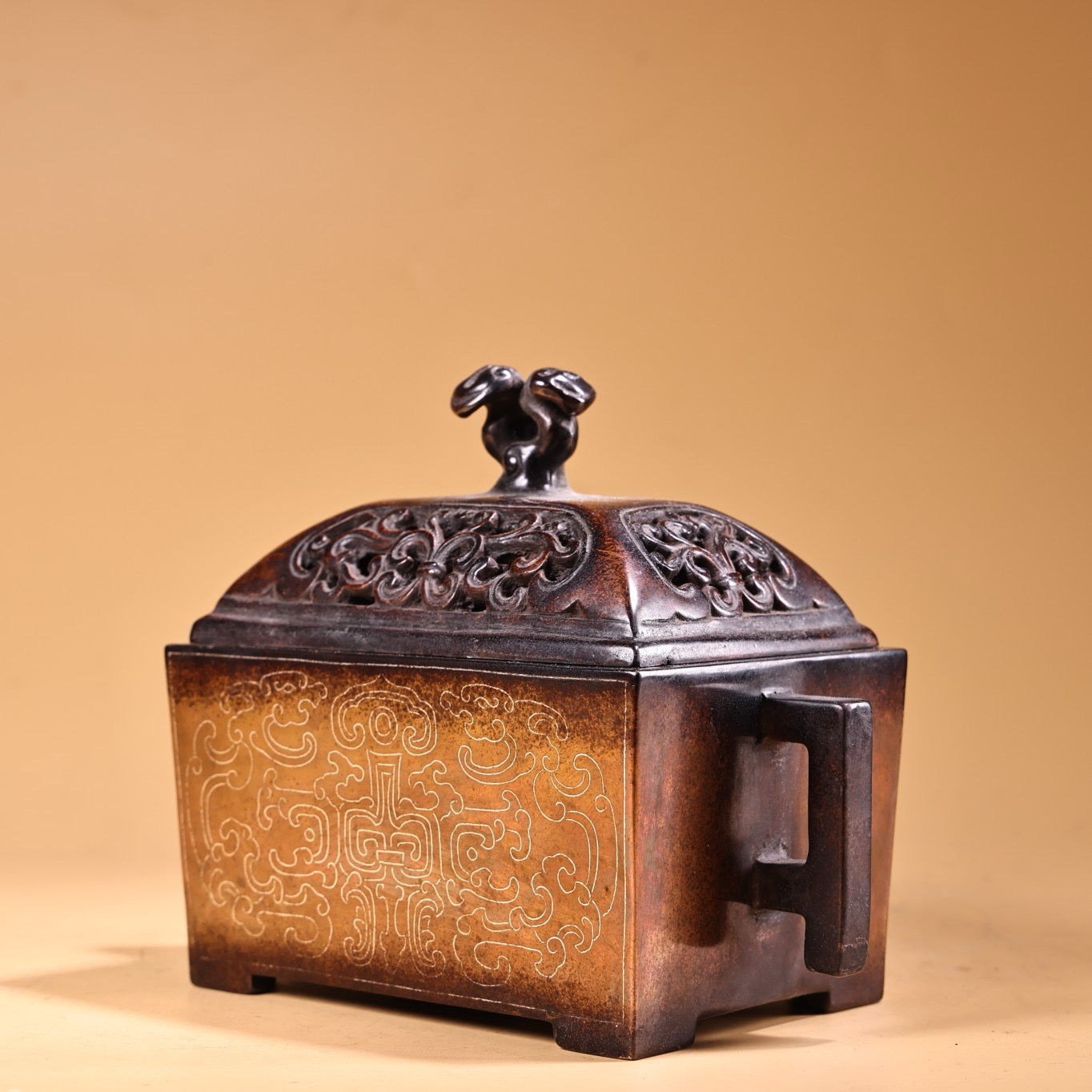 Chinese antique pure copper, all copper, purple copper inlaid with silver wire incense burner