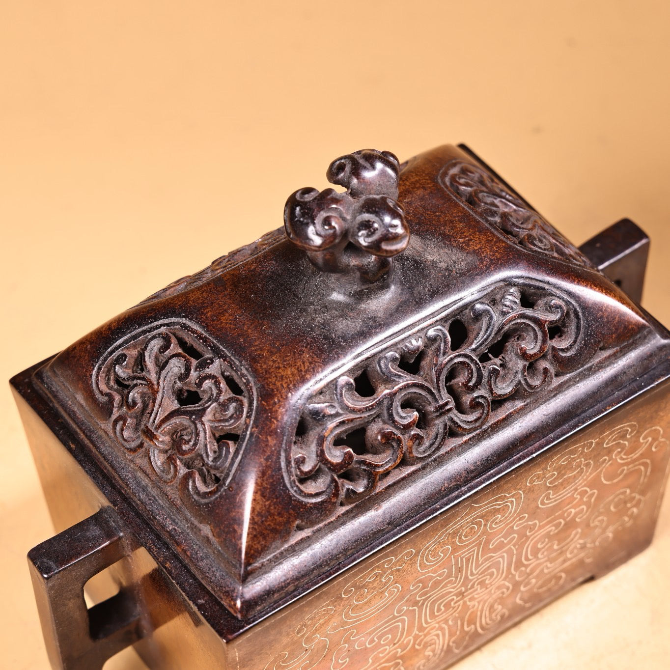 Chinese antique pure copper, all copper, purple copper inlaid with silver wire incense burner