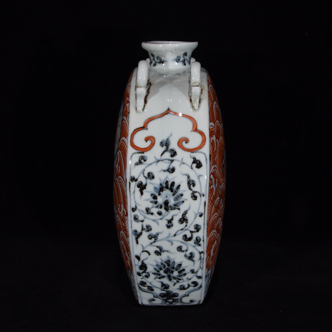 Chinese antique red dragon patterned flat bottle