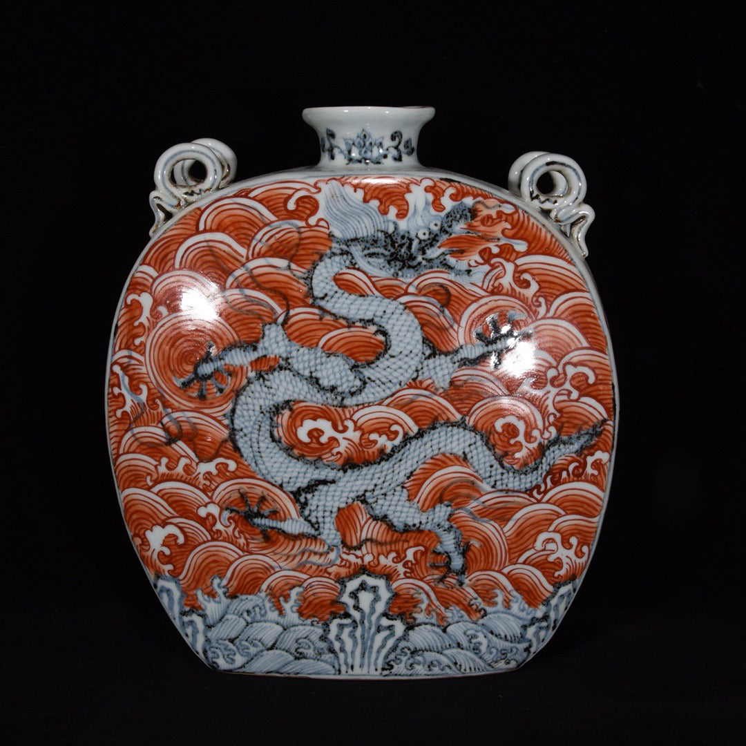 Chinese antique red dragon patterned flat bottle