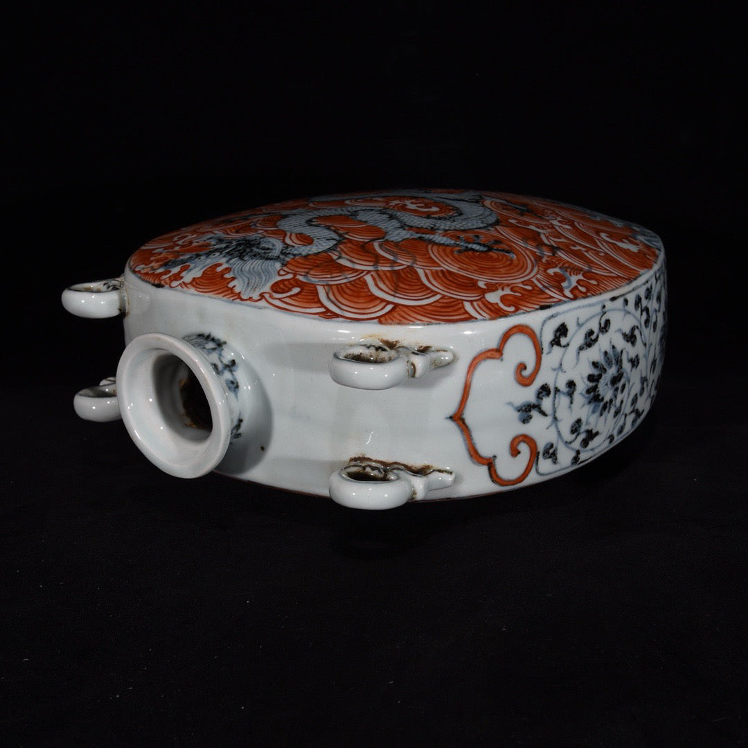 Chinese antique red dragon patterned flat bottle