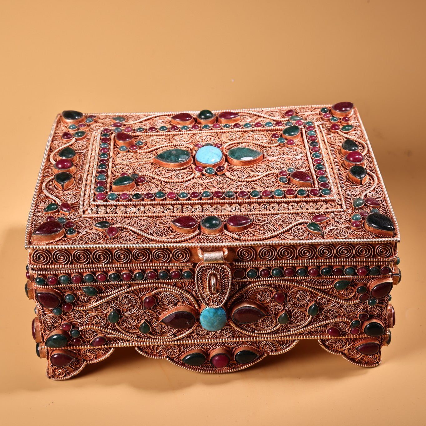 Chinese Antique Silver Inlaid Gemstone Multi Treasure Box