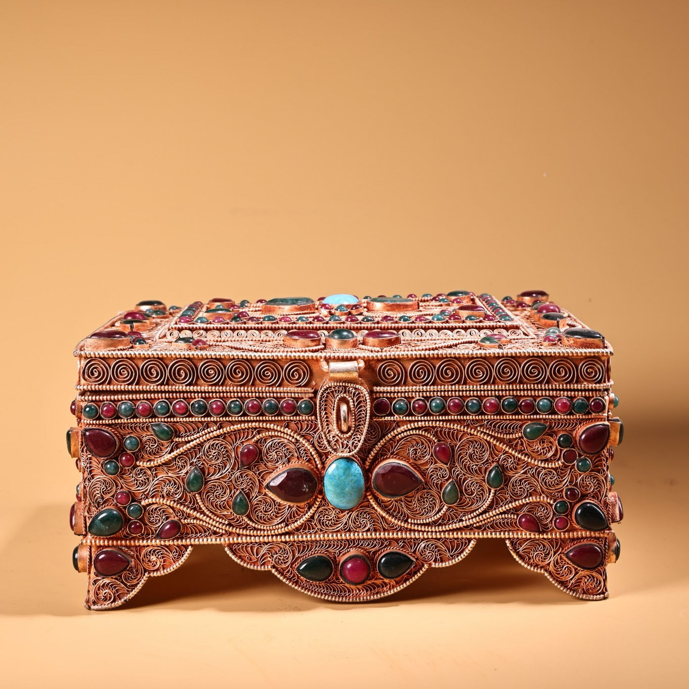 Chinese Antique Silver Inlaid Gemstone Multi Treasure Box