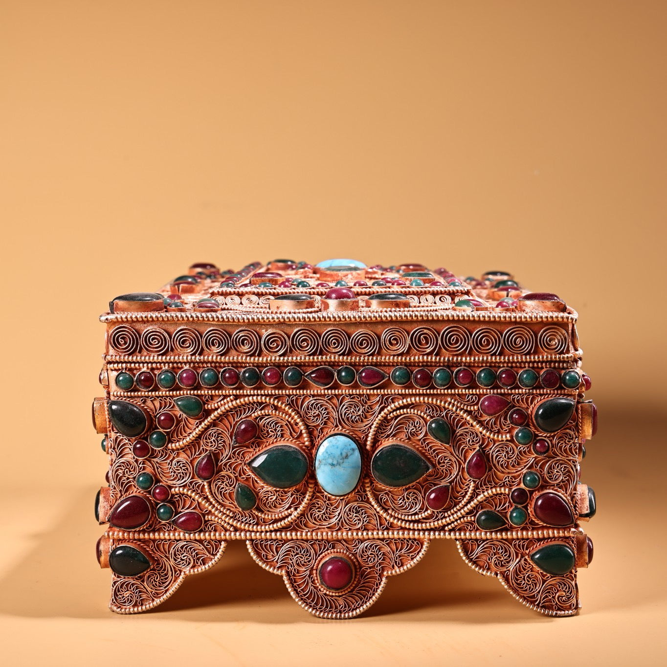 Chinese Antique Silver Inlaid Gemstone Multi Treasure Box