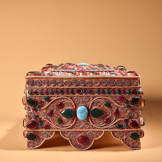 Chinese Antique Silver Inlaid Gemstone Multi Treasure Box