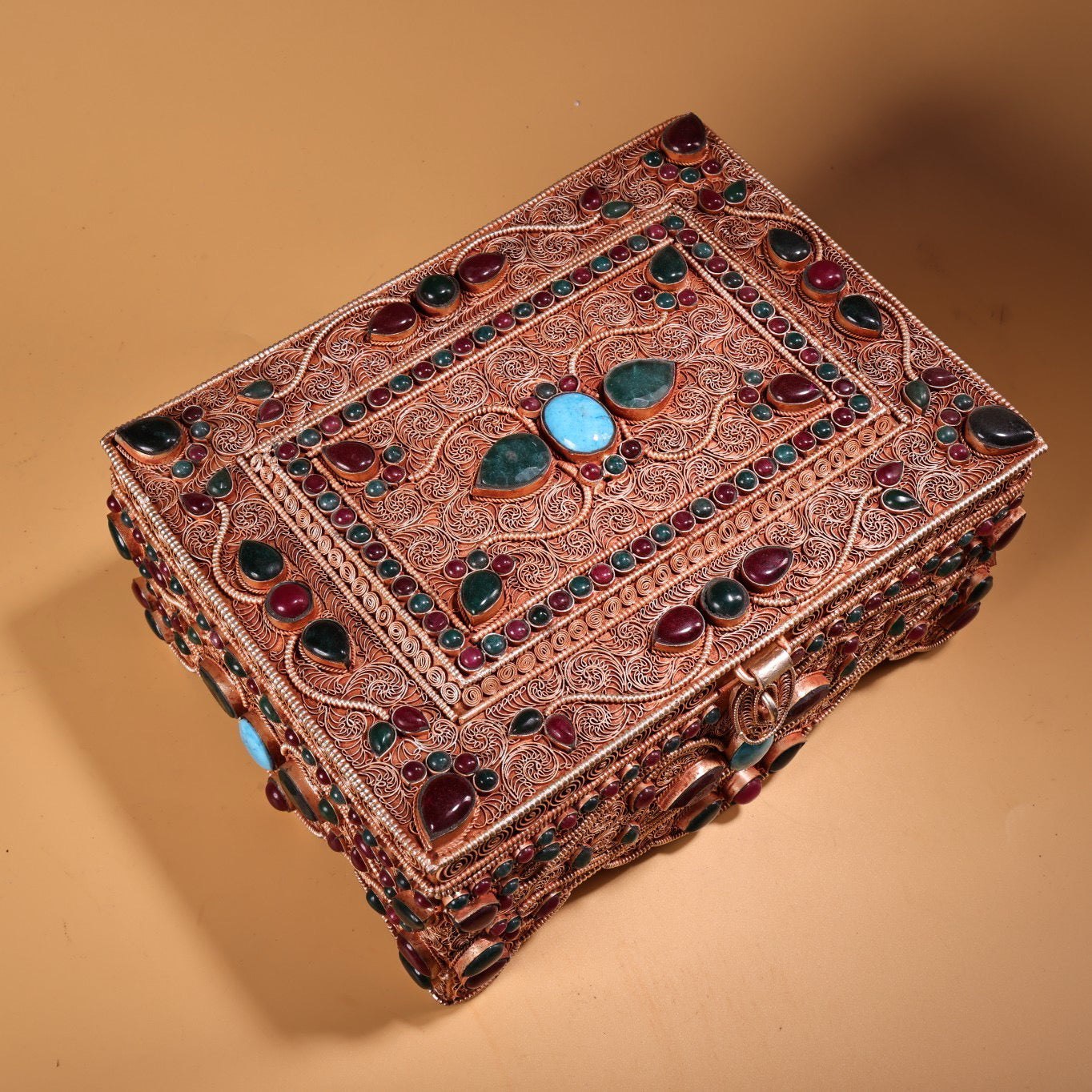 Chinese Antique Silver Inlaid Gemstone Multi Treasure Box