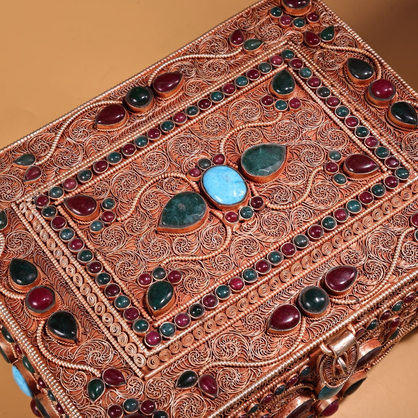 Chinese Antique Silver Inlaid Gemstone Multi Treasure Box