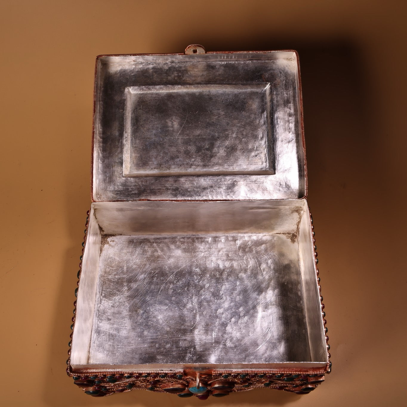 Chinese Antique Silver Inlaid Gemstone Multi Treasure Box