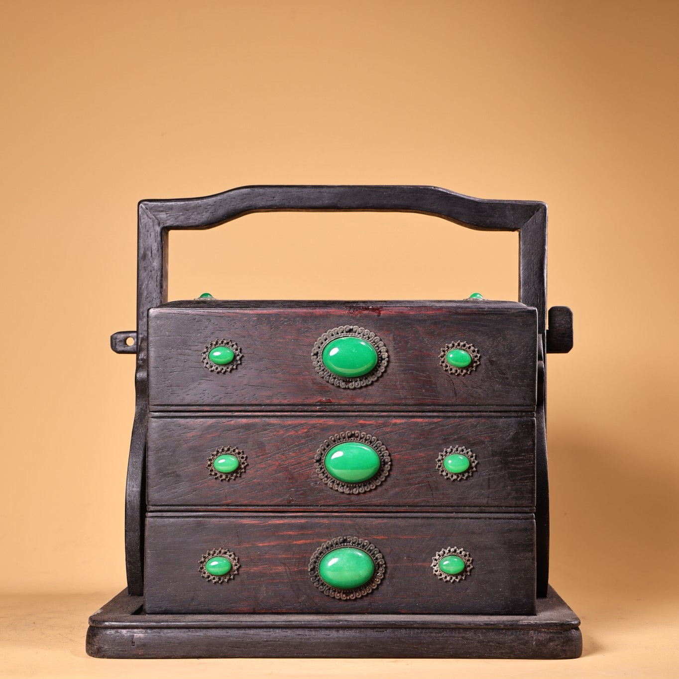 Chinese Antique Blood Sandalwood Inlaid Shell Handheld Food Box