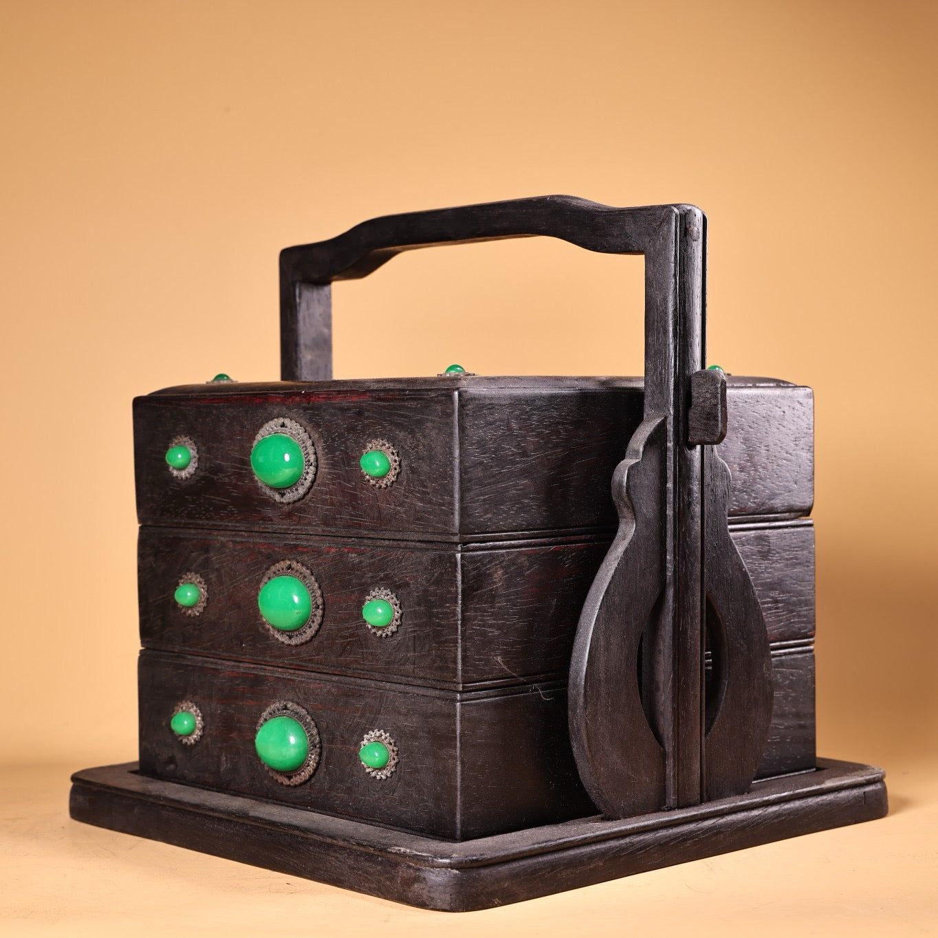 Chinese Antique Blood Sandalwood Inlaid Shell Handheld Food Box