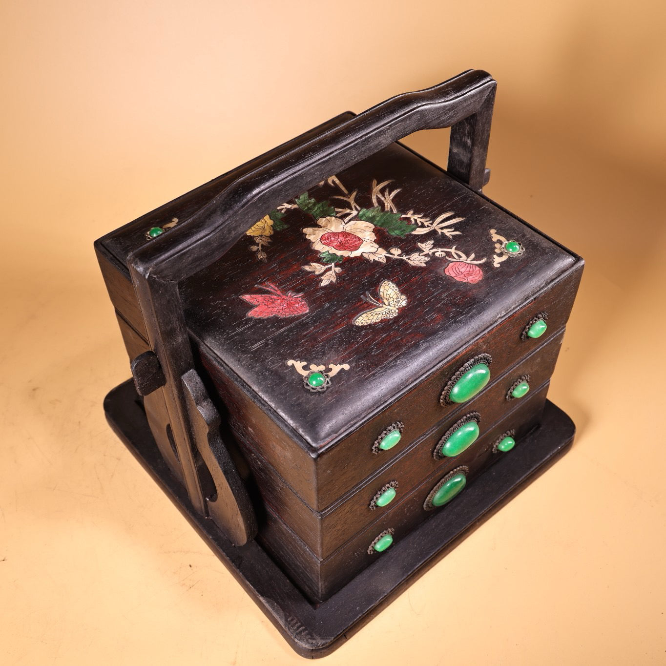 Chinese Antique Blood Sandalwood Inlaid Shell Handheld Food Box