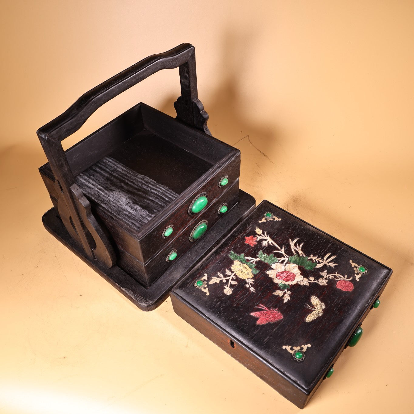 Chinese Antique Blood Sandalwood Inlaid Shell Handheld Food Box