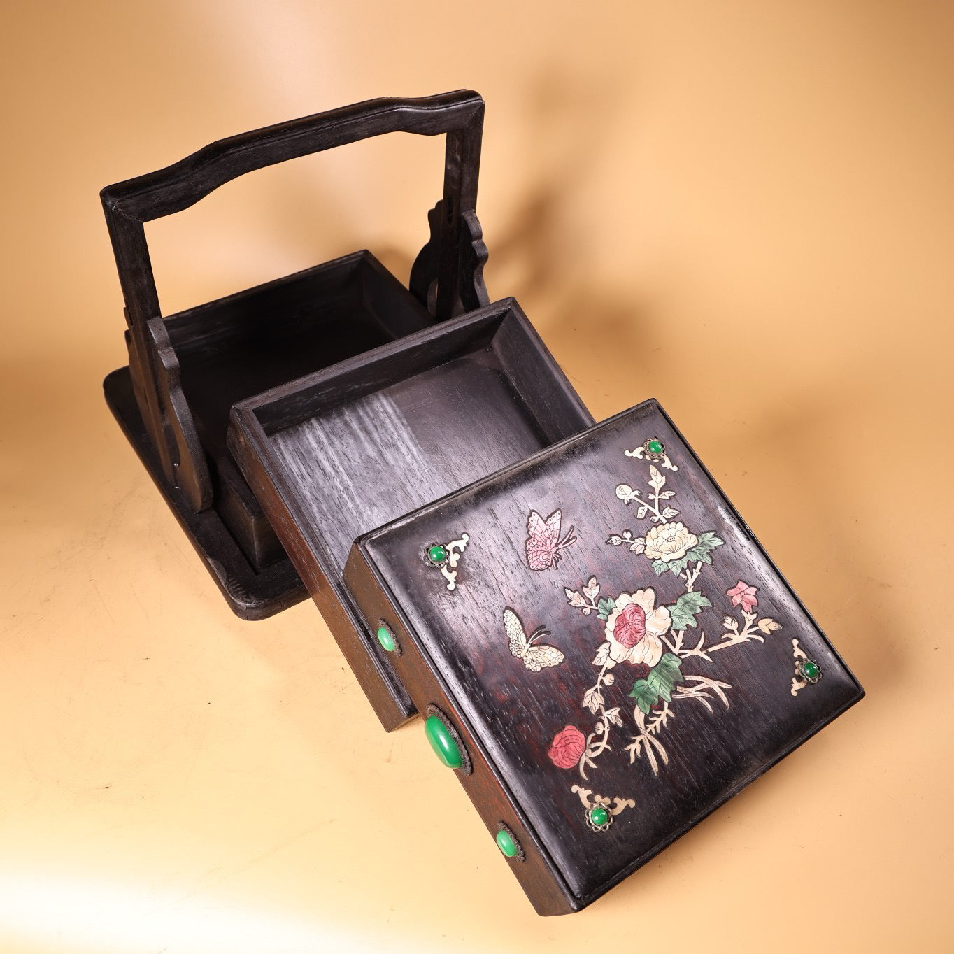 Chinese Antique Blood Sandalwood Inlaid Shell Handheld Food Box