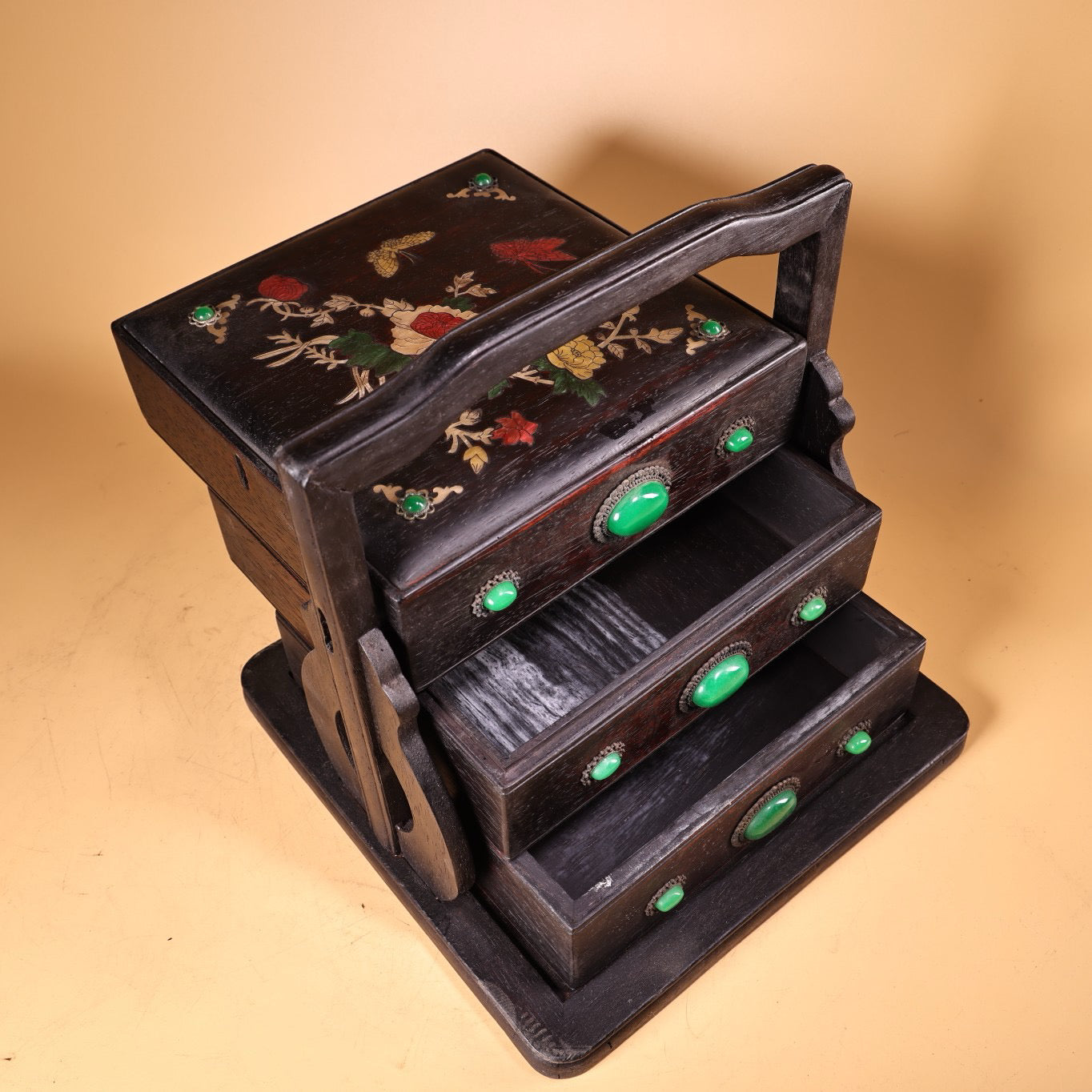 Chinese Antique Blood Sandalwood Inlaid Shell Handheld Food Box