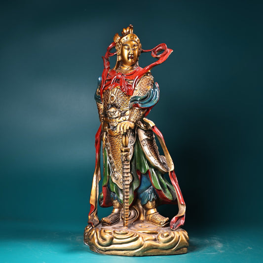 Chinese antique pure copper painted statue of Guan Gong as the protector of the law and the God of Wealth