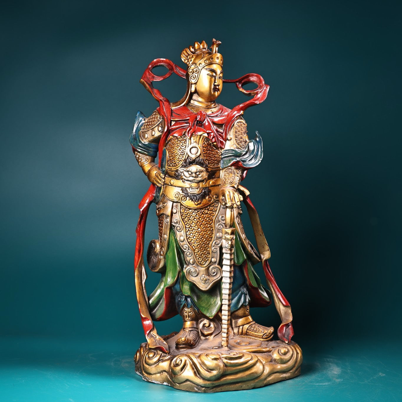 Chinese antique pure copper painted statue of Guan Gong as the protector of the law and the God of Wealth