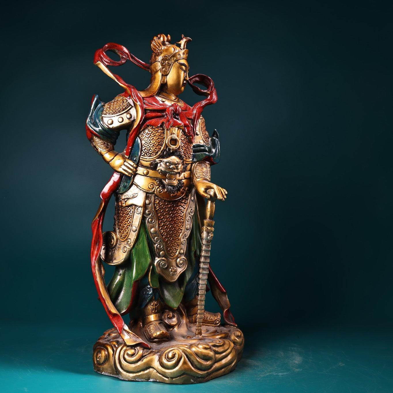 Chinese antique pure copper painted statue of Guan Gong as the protector of the law and the God of Wealth