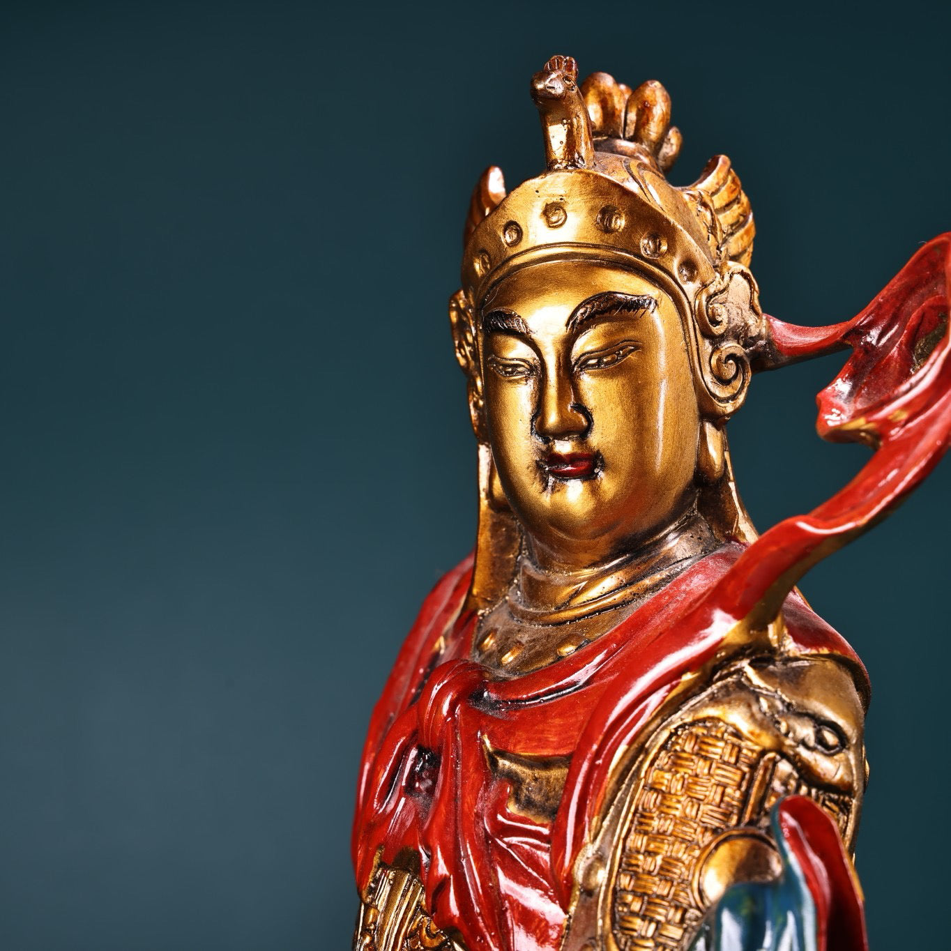 Chinese antique pure copper painted statue of Guan Gong as the protector of the law and the God of Wealth
