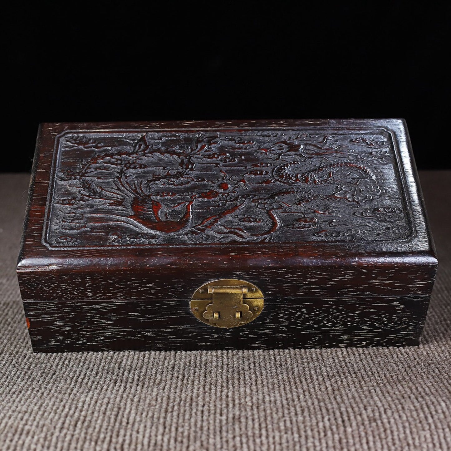 Chinese antique sandalwood carved dragon and phoenix presented in small boxes